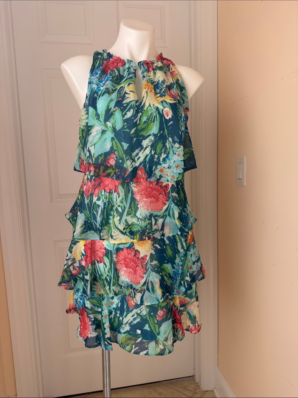 Chetta B Floral Ruffled Off-Shoulder Dress - Aqua & Coral